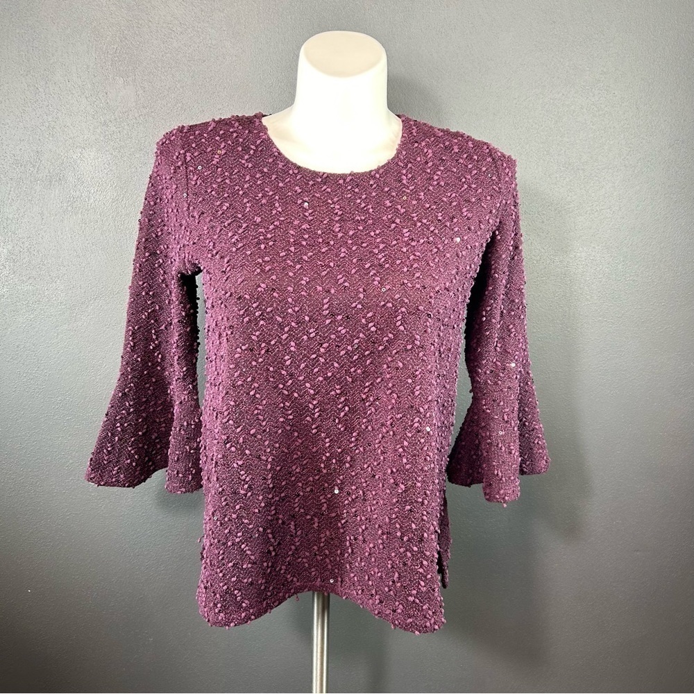 Christopher & Banks Plum Boucle Sequin Flutter Sleeve Sweater M - Picture 1 of 7